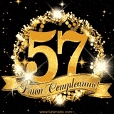 Il numero 57 è circondato da un anello dorato brillante, accompagnato da un nastro elegante con la scritta 'Buon Compleanno!' su uno sfondo scuro.