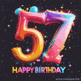 A vibrant age-specific birthday short animation displays the number '57' in shiny balloon-like letters with the words 'Happy Birthday' underneath. The dark background is punctuated with festive stars and balloons.