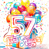 Animazione con palloncini colorati e scintillanti, accompagnata dal numero 57 in caratteri grandi e luminosi, e la scritta 'Tanti Auguri!' in stile vivace.