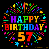 A birthday cake with lit candles is shown with colorful balloons and animated confetti.