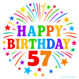 Festive 'Happy Birthday 57' animated GIF with rainbow-colored letters surrounded by fireworks and stars