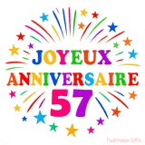 GIF animé joyeux anniversaire 57 ans avec étoiles multicolores et feu d’artifice