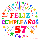 Imagen animada para felicitar los 57 años con letras de colores y diseño festivo.