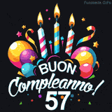 Augura buon compleanno ai 57 anni con questa GIF colorata e festosa: palloncini, stelle e candele per un augurio digitale indimenticabile
