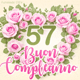 GIF per il 57° compleanno con un cuore di rose rosa e scritta elegante
