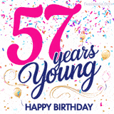 Colorful animated birthday GIF displaying the text '57 years Young' in bright pink and navy blue, with confetti falling and gold balloons floating.