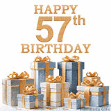 Festive animated eCard with elegant 'Happy 57th Birthday' text above a pile of luxurious blue, white, and gold gift boxes and presents.