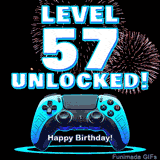 Animated GIF for a 57 birthday. The text 'Level 57 Unlocked!' and 'Happy Birthday!' are displayed over a blue video game controller with exploding fireworks in the background.