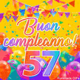 Un GIF animato per un 57° compleanno, Presenta il testo 'Buon Compleanno 57' su uno sfondo giallo vivo con palloncini colorati, festoni e una pioggia di coriandoli.
