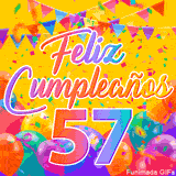 Un GIF animado para un 57º cumpleaños, Muestra el texto 'Feliz Cumpleaños 57' sobre un fondo amarillo vibrante con globos de colores, banderines y una lluvia de confeti.