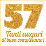 GIF animata per un 57° compleanno, Mostra il numero 57 in grandi caratteri dorati pieni di glitter scintillante, Sotto, la scritta 'Tanti auguri di buon compleanno!' in un elegante oro.