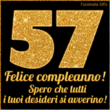 Un GIF animato per un 57° compleanno, Presenta il testo 'Buon Compleanno 57' su uno sfondo giallo vivo con palloncini colorati, festoni e una pioggia di coriandoli.