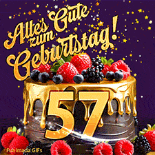 Eine köstlich aussehende animierte Geburtstagskarte für den 57. Geburtstag, dekoriert mit Erdbeeren, Blaubeeren und goldenen Details, Sterne funkeln und fallen, mit 'Alles Gute zum Geburtstag!'-Text.