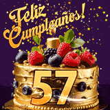 Una animación de celebración de una tarta para el 57º cumpleaños, Estrellas doradas caen del cielo, destacando el texto '¡Feliz Cumpleaños!' y el número dorado 57 en la tarta.