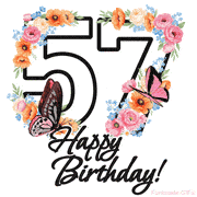 A floral 57th birthday animated greeting card. The number '57' is surrounded by animated flowers and butterflies, creating a beautiful and cheerful way to celebrate the milestone.