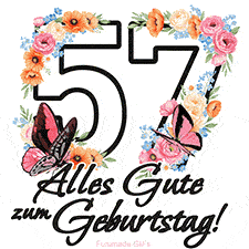 Ein florales GIF zum 57. Geburtstag. Die Zahl '57' ist von animierten Blumen und Schmetterlingen umgeben und bietet eine schöne und fröhliche Art, den Meilenstein zu feiern.