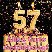 Festliche Torte mit rosa Dekoration und einer brennenden goldenen 57 als Zahlenkerze. Glanzvolles Konfetti rieselt herab. Text: Alles Gute zum Geburtstag!