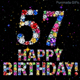 Animated glowing shiny diamonds form the number 57 and the text Happy Birthday below it, set against a black backdrop with small sparkling colored bright sparks.