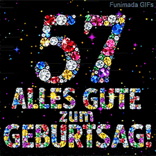 Eine Ziffer 57 und der Text Alles Gute zum Geburtstag aus funkelnden Edelsteinen auf dunklem Grund mit bunten animierten Lichtpunkten.
