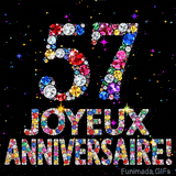 Le chiffre 57 et les mots Joyeux Anniversaire formés de diamants colorés étincelants sur fond noir avec de petites étoiles scintillantes animées.