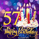 The golden digit 57 beside a sprinkled cupcake with lit candles. Happy Birthday is written in golden script on a blurry purple glowing background.