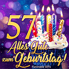 Ein funkelnder lila Hintergrund zeigt ein Törtchen mit bunten Kerzen, die goldene 57 und die goldfarbene Schreibschrift 'Alles Gute zum Geburtstag!'.