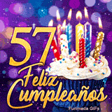 GIF de cumpleaños 57 años representando un cupcake mágico con velas de colores y el número 57 dorado sobre fondo morado.