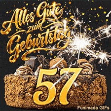 Alles Gute zum Geburtstag prangt über der Schokoladentorte. Die Ziffer 57 wird von einer sprühenden Wunderkerze und goldenen Sternchen umrahmt.