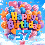 A cheerful cluster of star and round balloons drifting against fluffy clouds. Balloon text says Happy Birthday above a big blue 57.