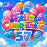 GIF de cumpleaños 57 años representando globos con formas de estrellas y corazones flotando libremente en el cielo.