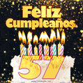 Tarjeta GIF de cumpleaños feliz de 57 años con torta y velas