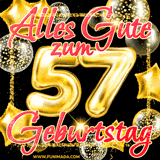 A vibrant greeting card featuring colorful balloons in the background with the large number '57' and the words 'Happy Birthday!' in glowing, bold text