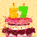 A festive, animated image of a birthday cake with lit candles forming '57'. Confetti and cherries adorn the tiered cake, for a 57th birthday.