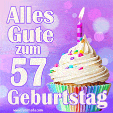 Ein lebendiges Geburtstags-GIF mit einem dekorierten Cupcake, einer Kerze und der Zahl 57 auf einem bunten Hintergrund.