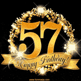 A golden 57th birthday GIF features a decorative circle and ribbon. The design sparkles with light and gold accents against a black background.