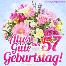 Ein zartes Geburtstags-GIF mit einem bunten Sommerblumenstrauß in einer weißen Teetasse und herzlichen Glückwünschen zum 57. Geburtstag.