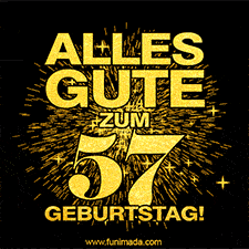 Ein GIF zum57. Geburtstag mit goldener Schrift und Feuerwerk auf schwarzem Hintergrund.