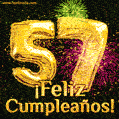 ¡Muy felices 57 años! GIF de texto dorado y fuegos artificiales.