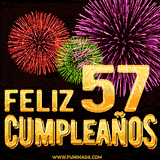 GIF animado con el número 57 en dorado, rodeado de fuegos artificiales rojos, verdes y morados, con el mensaje 'Feliz cumpleaños' en letras doradas.