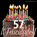 Feliz 57 cumpleaños pastel de chocolate. Imagen (GIF) con pastel y saludo.