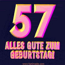 Ein modernes animiertes GIF mit 3D-Text. Der Text im Bild lautet 'Alles Gute zum 57. Geburtstag!'