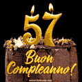 Buon compleanno 57 anni GIF. Torta al cioccolato e candele.