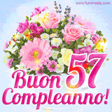 Bouquet animato con rose rosa, margherite e altri fiori colorati, con il numero 57 e la scritta 'Buon Compleanno!' in stile elegante e luminoso.