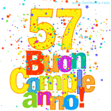 Animazione con il numero 57 in giallo e scritte multicolore 'Buon Compleanno!', accompagnate da una pioggia di stelle e coriandoli colorati.