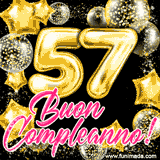 Animazione con palloncini dorati a forma del numero 57, circondati da decorazioni scintillanti e la scritta 'Buon Compleanno!' in caratteri rosa accattivanti.