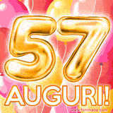 Bouquet animato di palloncini multicolori che emergono da una scatola regalo, con il numero 57 e la scritta 'Tanti Auguri!' su uno sfondo pieno di coriandoli.