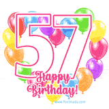 An animated birthday greeting card with a large '57' in pink outline surrounded by colorful balloons heart-shaped frame, and 'Happy Birthday!' written below in hand-written font.