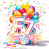 A festive birthday age GIF with animated star confetti, colorful balloons, and a gift box with the number 57. The text reads 'Happy Birthday'.
