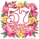 A celebratory GIF image features the animated number '57' and the words 'Happy Birthday!' surrounded by pink and yellow flowers. Two moving butterflies are included in this festive design.