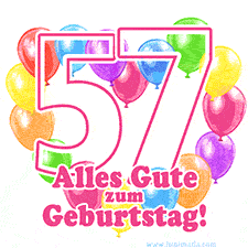 Ein verspieltes animiertes Geburtstags-GIF mit bunten Ballons in Herzform und der Zahl 57.